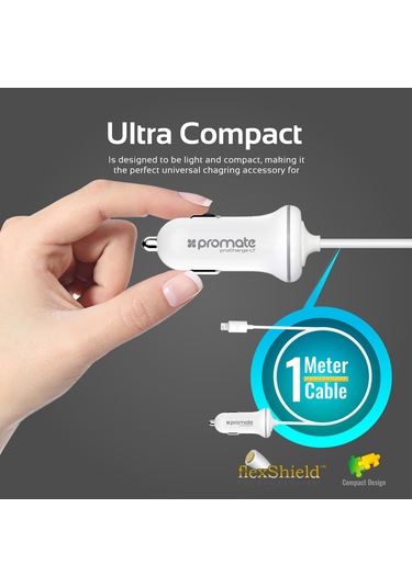 Promate Iphone Lightning Araç Çakmak Şarj Cihazı MFI Onaylı Beyaz