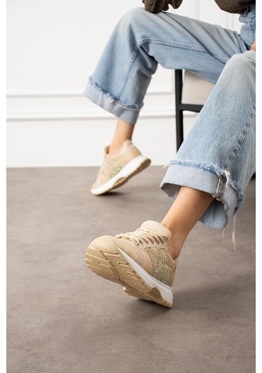 Shoetek Beatriz Kadın Sneakers Yandan Taşlı Bağcıklı Spor Ayakkabı Bej Bej