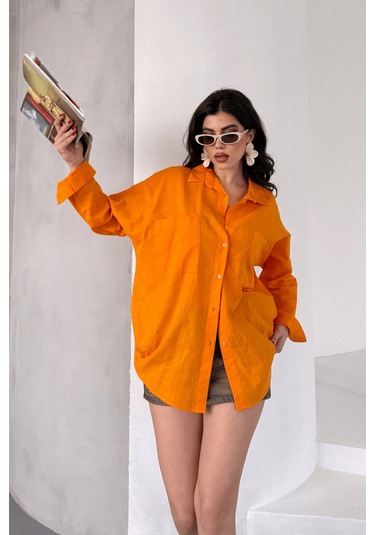 Paw Garage Kadın Harper Çift Cepli Oversize Keten Gömlek, 2025 Summer Collection Turuncu