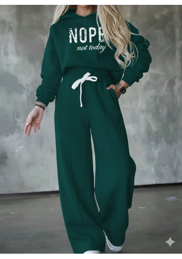 Tua Moda Kadın Uzun Kollu Nope Baskılı Beli Ribanalı Ikili Takım Yeşil