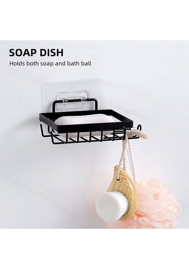 Moveevo Demir Bathroom Organizer Seti - 2 Duş Sepeti + 1 Sabunluk, Delme Yok, Su Geçirmez, 6 Kanca, Banyo/ Mutfak/ Oturma Odası Gereçleri Saklama Siyah