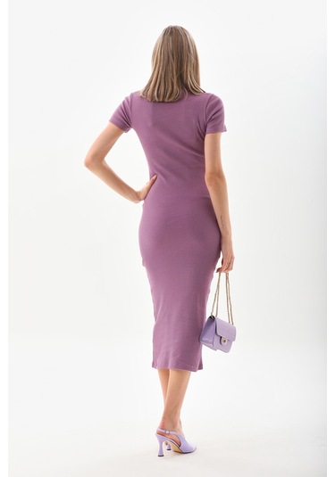 Mor Kısa Kollu Diz Altı Fitilli Esnek Kalem Elbise - 130 Cm
