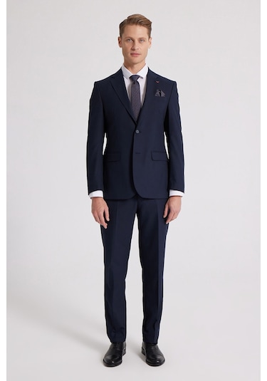 D's Damat Slim Fit Lacivert Düz Likralı Esnek Mono Yaka Çift Yırtmaçlı Astarlı Takim Elbise Lacivert