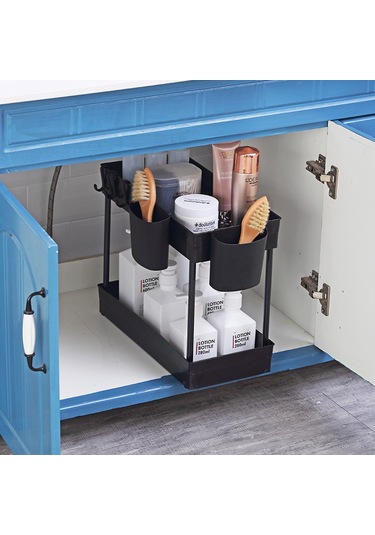 Moveevo 2 Katlı Paslanmaz Çelik Renkli Lavabo Altı Organizer, Su Akıtma Tasarımı İle 2 Bardak Tutuculu, Mutfak Ve Banyo Depolama Rafı Siyah