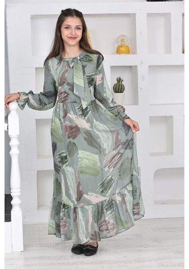 Genç Kız Pamuk Astarlı Şifon Kumaş Uzun Tam Boy Tesettür Elbise Yeşil