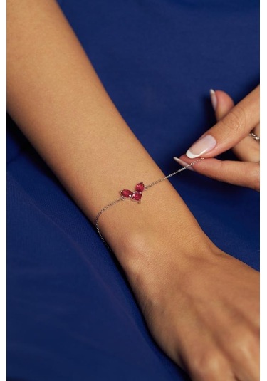 Roza Silver Yakut Taşlı Rodyum Kalp Minimal Gümüş Bileklik