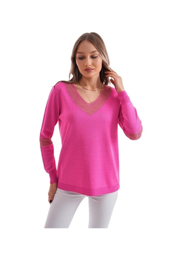 Kadın V Yaka Simli Kol Detaylı Kazak 12787 Bgl-st04108 Fuşya