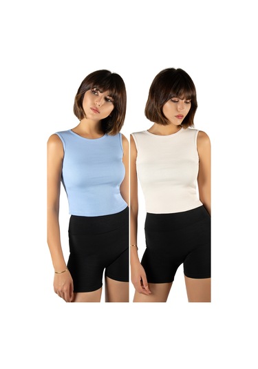 2'li Paket Mavi Krem Fitted/vücuda Oturan Crop Halter Yaka Fitilli Esnek Örme Bluz Atlet Mavi Krem