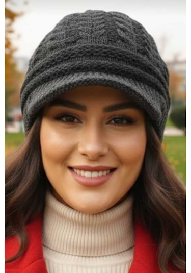Tezzgelsin Kadın Çift Kat Siperli Triko Örme Bere Triko Bere Antrasit