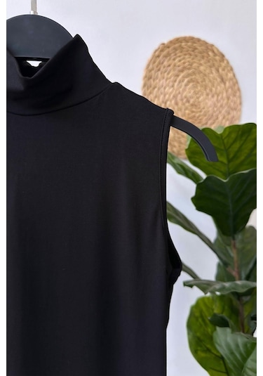 Likralı Balıkçı Yaka Tunik İçlik - Siyah