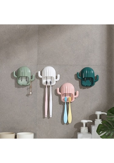 Pazly Yapışkan Kaktüs Delmesiz Çok Amaçlı Diş Fırçası Organizatörü - Elektrikli, Takı, Saç Bandı Beyaz, Ergonomik Tasarım Beyaz