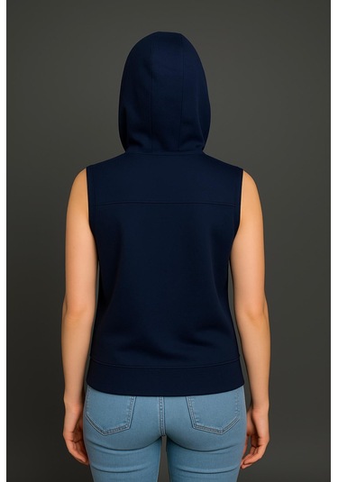 Axxel Kadın Lacivert Fermuarlı Kapüşonlu Kanguru Cepli Kolsuz Yelek-y1142-k Lacivert