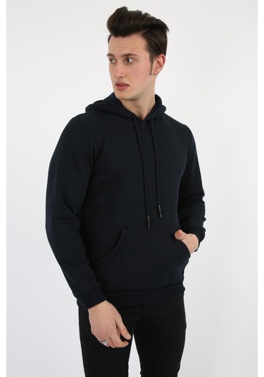 Modish Üç İplik Şardonlu Kapşonlu Düz Erkek Günlük Sweatshirt Siyah