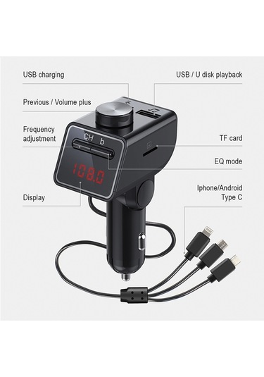 Q18s Çok Fonksiyonlu Araba Çift Usb Şarj Cihazı Mp3 Müzik Çalar Bluetooth Fm Verici İle 3'ü 1 Arada Kablo Siyah