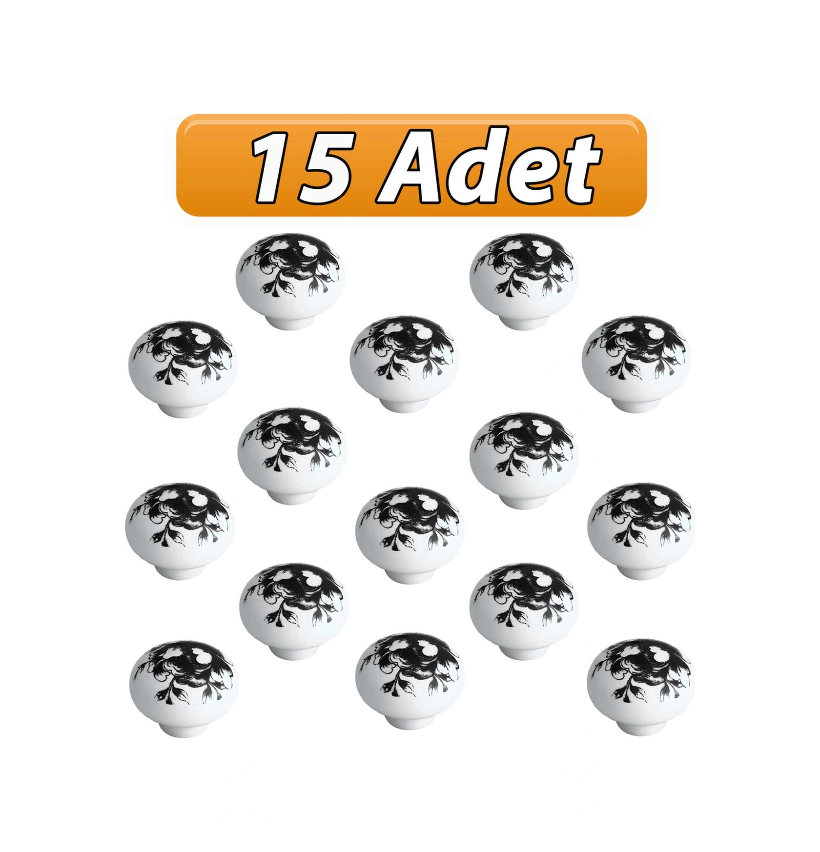 15 Adet Siyah Gül Desenli Beyaz Polimer Düğme Kulp Mantar Mobilya Mutfak Dolabı Çekmece Kulbu Kulpları