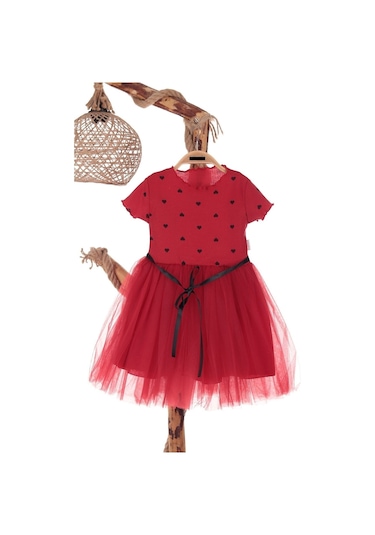 Kalp Baskılı 2-7 Yaş Arası Kırmızı Kız Çocuk Tüllü Elbise Doğum Günü Özel Gün Ve Geceler İçin Kırmızı