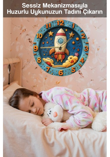Roket Ve Uzay Temalı Çocuk Mdf Duvar Saati 3d Görünümlü, 2d Hd Baskı, Sessiz Mekanizma Sdw236 Renkli