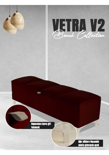 Vetra V2 Sandıklı Puf  Bordo Dilimli Model Sandıklı Bench Puf - Sandıklı Yatak Ucu Bankı