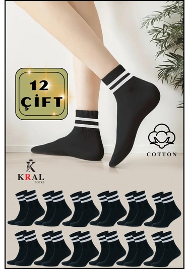 Erkek Kadın 12 Çift Çizgili Kolej Tenis Çorabı Pamuklu Terletmez Çorap Siyah
