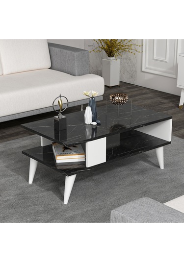 Ayla Orta Sehpa Siyah Mermer-beyaz Siyah Mermer Desen-beyaz