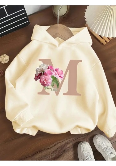 Kışlık Kapüşonlu Sweatshirt, Çocuk Çiçekler M Harfli Baskılı Bej