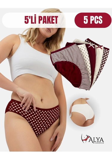 Alya Underwear Pamuklu Kadın Külot Slip Empirme Baskılı Yüksek Bel İç Çamaşırı - 5'li Paket - Lacivert Bordo P27