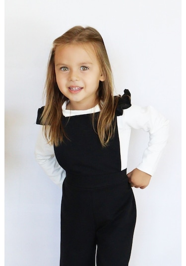 Kız Çocuk Berlin Siyah Pamuklu Fırfırlı Bağlama Detaylı Tulum Siyah