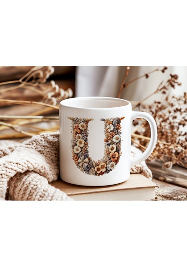 U Harfi Çiçek Desenli Kupa Bardak - Alfabe Harfleri İle Doğal Çiçekli Kupa - Hediye Fikir Beyaz