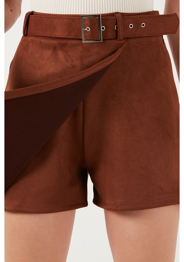 Lela Kışlık Regular Fit Asimetrik Kesim Fermuarlı Bayan Şort Etek 5865973 Taba