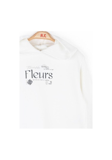 Kız Çocuk Pamuklu Sırtı Tirko Detaylı Fleurs Sweatshirt-14790 Ekru