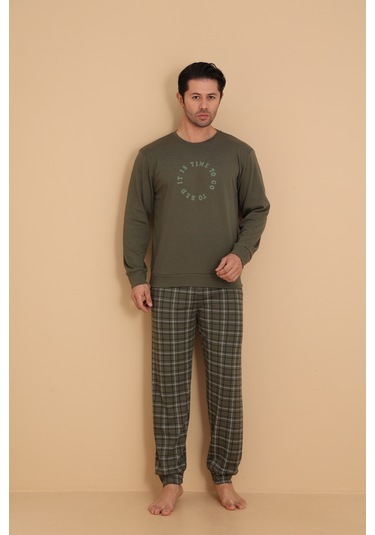 Falkom 7003 İnterlok Kışlık Ekose Pijamalı Erkek Pijama Takımı Haki