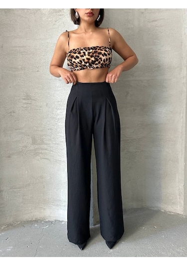 Kazax Pileli Keten Pantolon S255046 Siyah