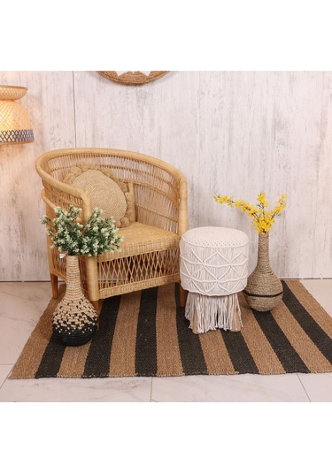 Makrome Tabure Puf & Stools - Doğal Teak Gövde 33x48 Cm Beyaz