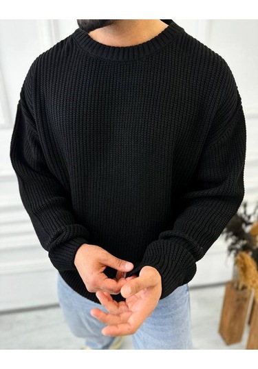 Kazak Oversize Çift Kat Örme Naturel Pamuk Bol Kesim Tüylenmeyen Salaş Triko Kazak Siyah