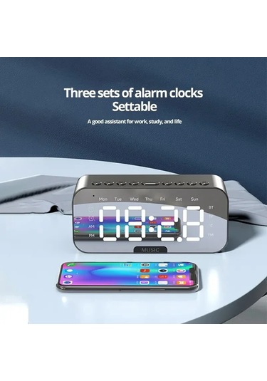 Zilinn Bluetooth'lu Led Dijital Çalar Saat, Hoparlör Ayna Yatak Odası Ofis Dekoru Masa Ekranı Sıcaklık Fm Radyo Siyah-91 Çok Renki