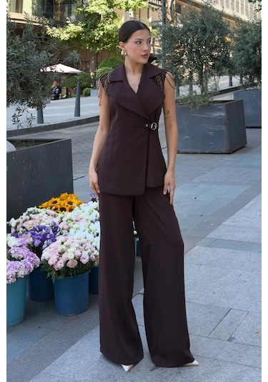 Omuz İşleme Detaylı Asimetrik Abiye Takım 2389-kahverengi Kahverengi