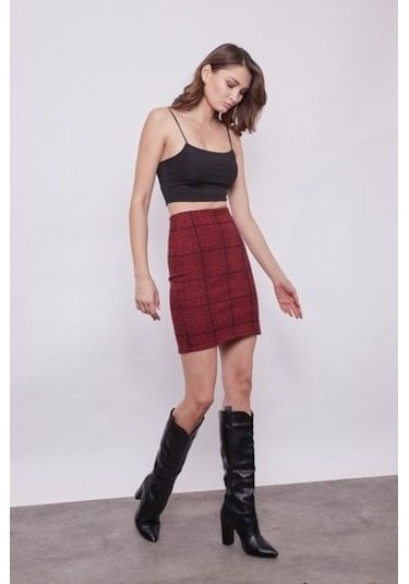Kışlık Yünlü Kumaş Yüksek Bel Diz Üstü Kalem Etek-Bordo Ekose Bordo