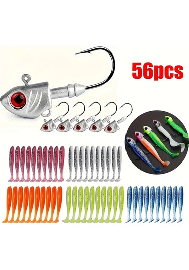 Fochsia 56 Parça Balıkçılık Seti: 5g 7g 10g 14g Kurşun Ağırlık 6 Jig Kafa 50 Yumuşak Yem İle 10g/0.353oz Taze Ve Tuzlu Su Balık Avı