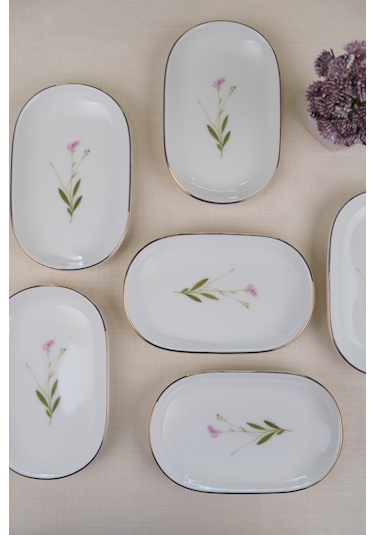 Tabak Evi Porselen Natura Çuha Altın Yaldızlı Oval Kayık Tabak 22,50x14,50x2,50cm 6 Lı Çok Renkli