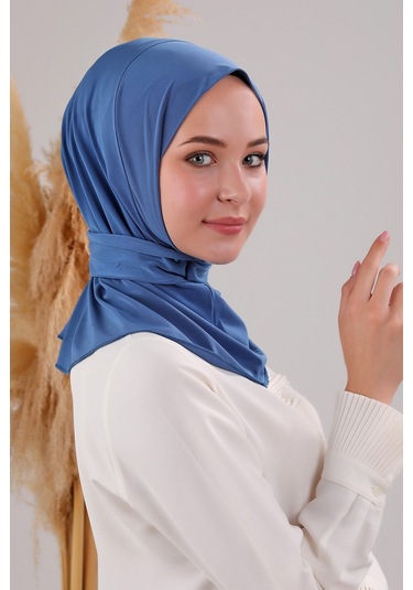 Kadın Tesettür Pratik Çıtçıtlı Sandy Fular Hazır Deniz Havuz Uyumlu Bone İndigo İndigo