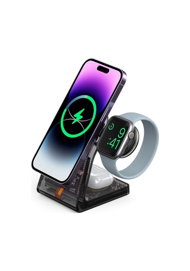 Lfx-198 15w Şeffaf Magsafe Kablosuz Şarj Standı, Çıkarılabilir Saat Şarj Cihazı İle Siyah