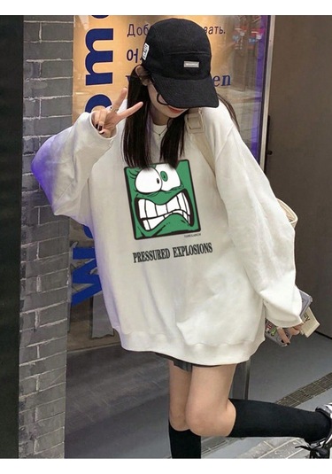 Karikatür & Slogan Grafikli Düşük Omuz Oversize Sweat-trzksw4854 Beyaz