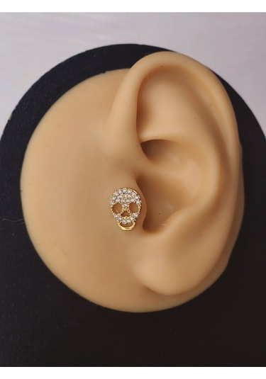 Kuru Kafa İskelet Skull Modeltragus Helix Piercing Ear Cuff Kıkırdak Çelik Küpe Gold