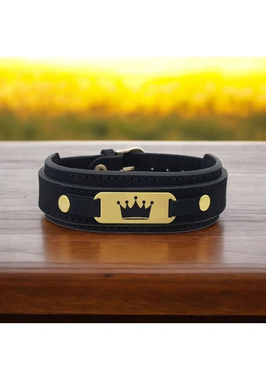 Archin Krallık Tacı Temalı Doğal Siyah Derili Oval Motifli 14 Ayar Altın Plakalı Hediye Bileklik-438sembol Krallık Tacı