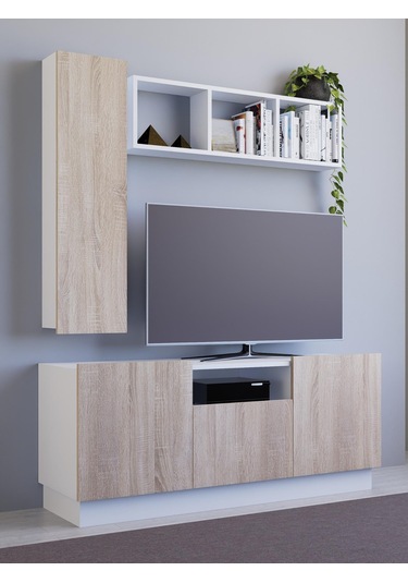 Detamob Lora Tv Ünitesi, Tv Sehpası Açık Raf Ve Dolabı, Beyaz/sonoma & Karbon Gri/sonoma Beyaz