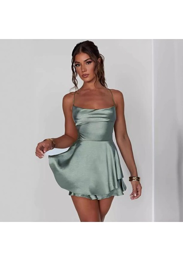 Yaz Kadın Elbise Kısa Seksi İnce İnce Sırtı Açık Düz Renk Askılı Elbiseler Yeşil