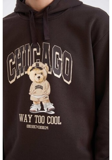 DeFacto Boxy Fit Kapüşonlu Baskılı Sweatshirt D0853AX24AUBN337 Kahve Kahverengi