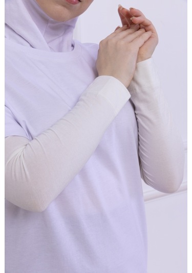 Likralı Penye Kolluk Ekru - Pratik Kadın Tesettür Düz Namaz Kolluğu 1 Çift 40cm Viskon Hijab Ekru