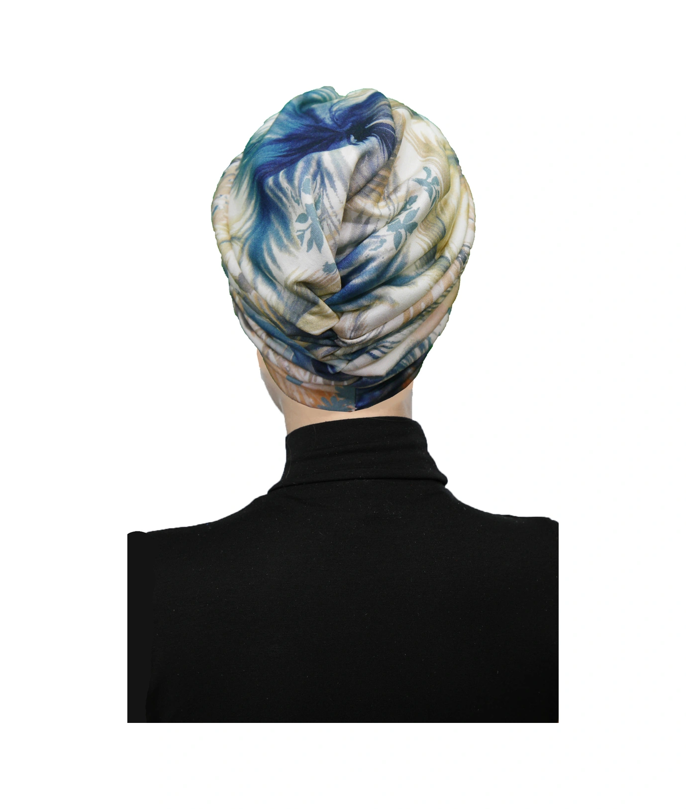 Mira Model Renkli Desenli Çapraz Ve Bant Detaylı Astarlı Hazır Türban Tesettür Havuz Bonesi Bej