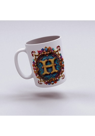 H Harfi Boho Bardak, Renkli Özel Tasarım Hediyelik Harfli Kupa, 330ml Porselen Beyaz